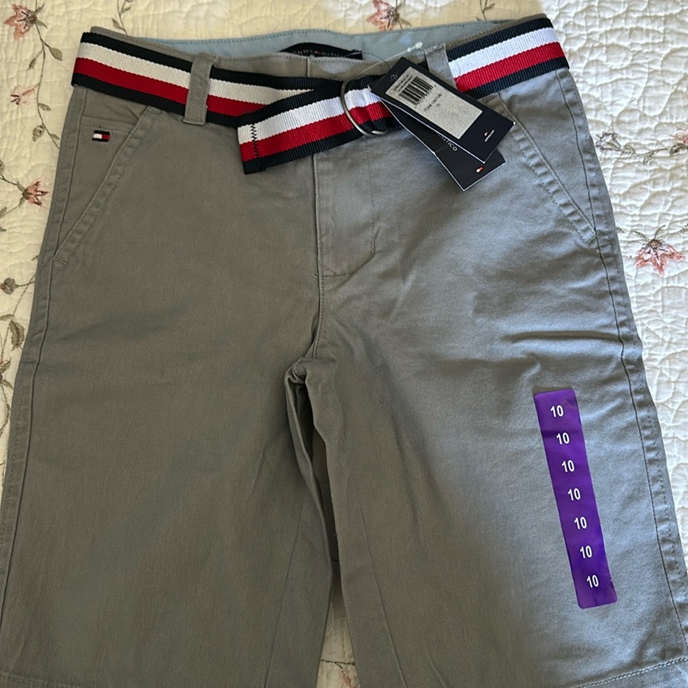 Brand new boys Tommy Hilfiger gray shorts with cloth belt. New with tags